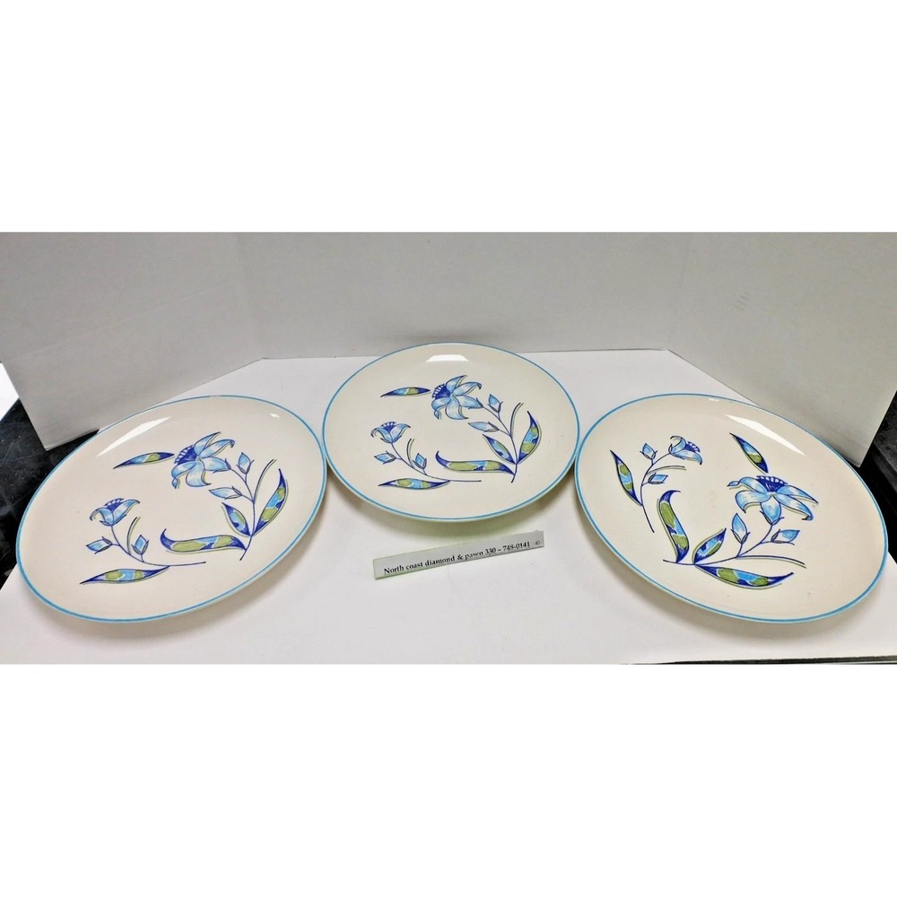Vintage Stetson China Dinner Plates Set of 3 Blue Green Floral Lily MCM DW34